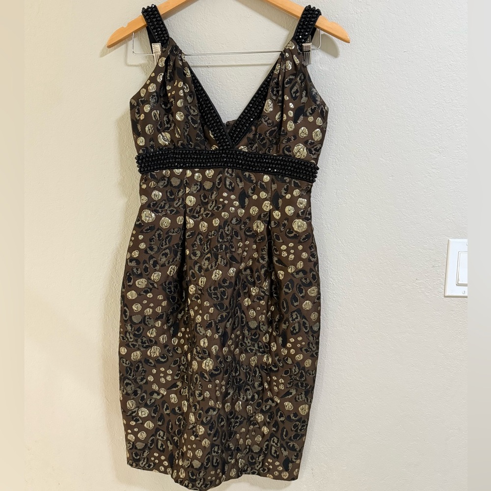 Carmen Marc Valvo Beaded Metallic Leopard Sheath Dress - Size 4